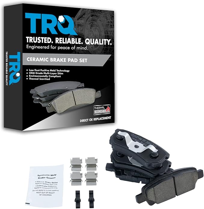 TRQ Rear Brake Pads Ceramic Compatible with 2011-2014 Chrysler 200 2007-2010 Sebring 2008-2014 Dodge Avenger 2007-2012 Caliber 2007-2017 Jeep Compass Patriot 2008-2017 Mitsubishi Lancer Outlander