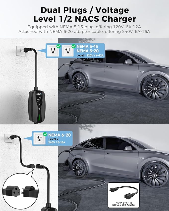 SEGUMA Level 1 & 2 Tesla Portable Charger, Adjustable 6A-16A, 120V-240V Dual Voltage EV Charger with NEMA 5-15 Plug & 6-20 Adapter, 25ft Extension Cable, NACS Charger with Native SAE J3400 (NACS) Port