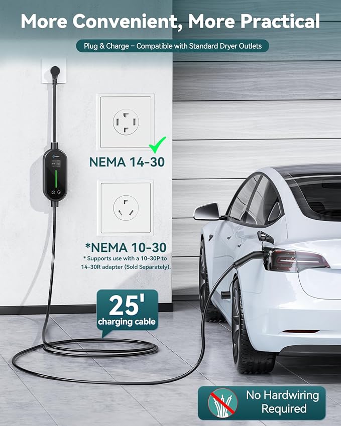 Ecogenix Level 2 Tesla Home Charger, 24A/240v Dryer Outlet Portable Mobile Charging Cable for Model 3/Y/S/X, Adjustable Amps, Apartment-Friendly, 25ft Tesla Universal Connector with NEMA 14-30 Plug