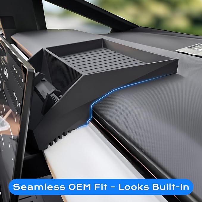 for 2024 Tesla Cybertruck Center Console Organizer - Hidden Behind-Screen Storage Tray, Dashboard Caddy, Silicone Sunglasses Holder, Black Interior Accessories