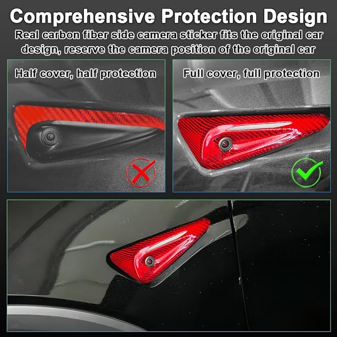 Carbar Dry Carbon Fiber Tesla Side Camera Cover for Model 3 Highland 2024 & Model Y Juniper 2025 - HW4.0 Compatible 3D Texture Accessories 360° Full Cover Protection