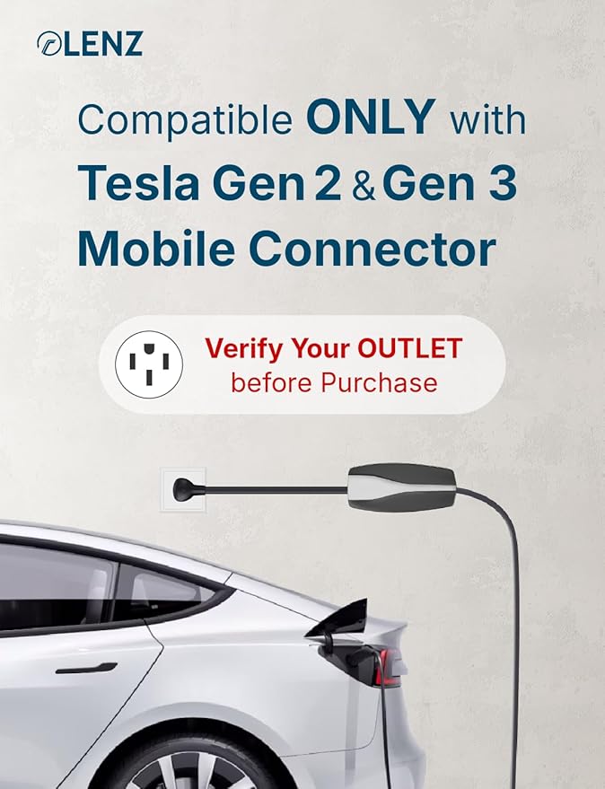 LENZ NEMA 14-50 Adapter: Compatible ONLY with Tesla Mobile Charger Gen 2 & 3, This Adapter Plugs into Your 240 V 14-50 Outlet at 32 Amps (Verify Before Purchase), 10-Inch Length