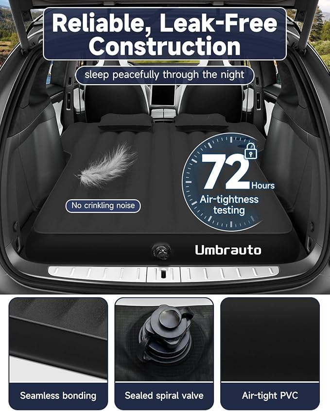 Umbrauto Custom Fit Air Mattress for Tesla Model Y/Juniper, 2026 Upgraded Inflatable Camping Bed for Back Trunk, Soft Flocking Surface+Reinforced Bottom Sleeping Pad w/Pump for Outdoor Travel