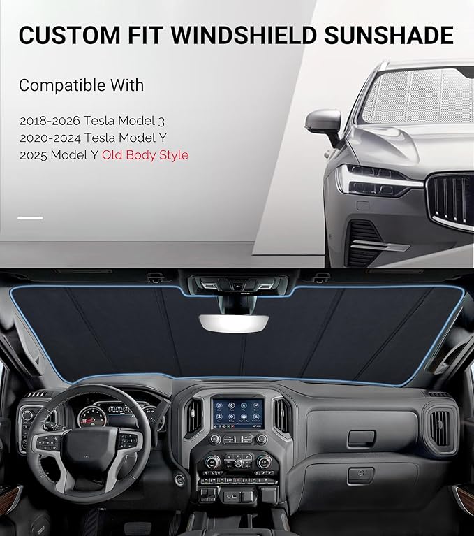 Windshield Sun Shade for Tesla Model 3 2018-2025, Tesla Model Y 2020-2026. Reflective Aluminum Film Front Window Sunshade - BLAZBLOCK