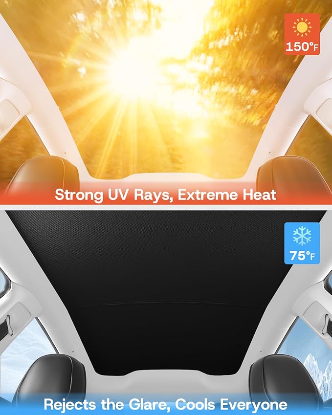 Upgraded Sunshade Roof for Tesla Model Y Juniper Accessories 2025 2026, [Graphene Infused Fabric& UPF 50+ & No-Sag] Heat Insulation Class Roof Sun Shade for Tesla Model Y Accessory, Black, 2PCS