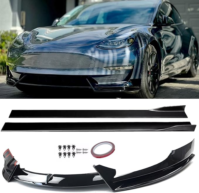 Front Bumper Lip Splitter Side Skirts Body Kit for 2017-2023 Tesla Model 3, Model 3 Front Spoiler, Model 3 Accessories Side Skirt (Gloss Black)