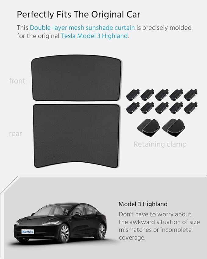 Farmogo Sunshade Roof for Tesla Model 3 Highland Accessories 2024-2026 [No-Gaps & No Sagging] Thermal Insulation Mesh Roof Shade for Tesla Model 3 Accessories (2 of Set) (Black)