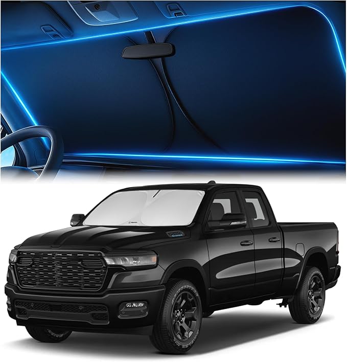 Windshield Sunshade for Dodge RAM 1500 2019-2023 2024 2025 2026 - Innovative No-Light-Pass Technology, Mirror Cut-Out, Blocks 99% UV Rays, Fade-Resistant, Easy-Fold RAM 1500 Windshield Sun Shade