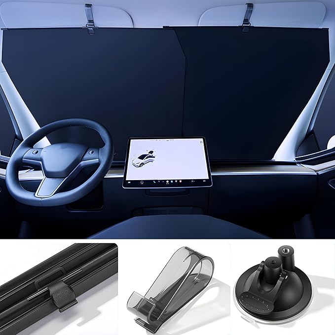 Automatic Retractable Windshield Sunshade – Strong Suction Cups, Premium Heat-Reflective Fabric, Adjustable 29.1–59.1 in, Fits Sedans, SUVs & MPVs, Tesla Model 3/Y