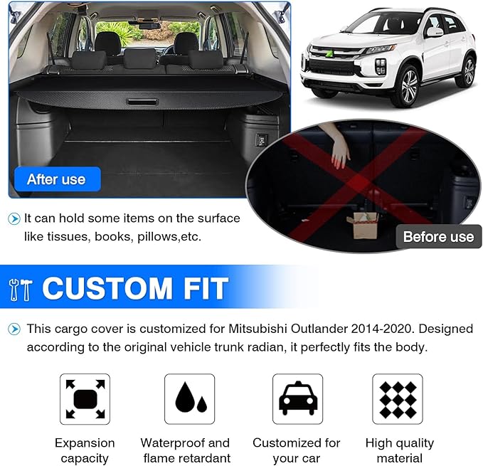 Powerty Cargo Cover for Mitsubishi Outlander 2014-2020 (Manual Liftgate Only) Trunk Cover Retractable Rear Shield Shade (Not for Electric Liftgate or Outlander Sport)