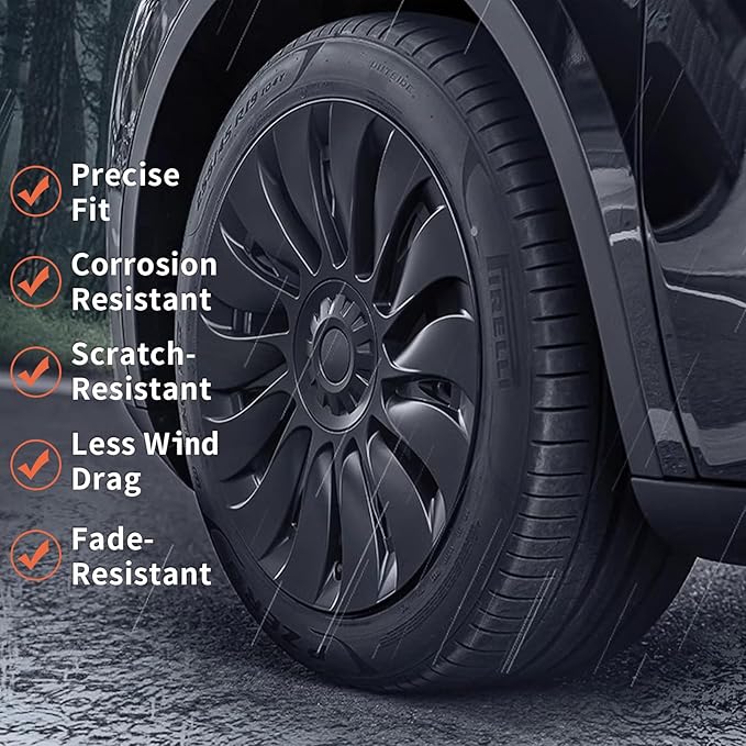 Tesla Model Y Wheel Covers 19 Inch 2020-2024 Uberturbine Tesla Model Y Uberturbine Hubcaps Left-Right Aero Symmetry, Matte Black, Wind Drag Reduction Model Y Accessories with Tire Repair Kit (4 Pack)