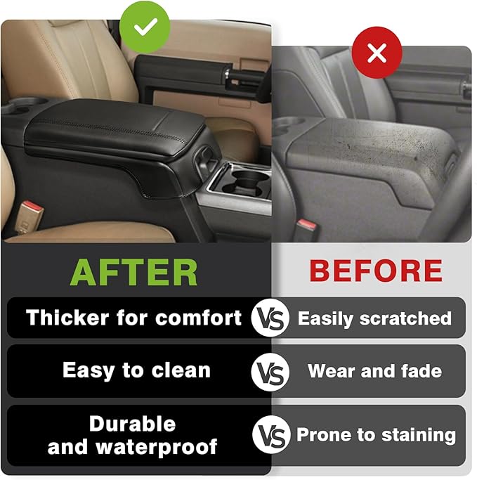 Muslogy Center Console Armrest Cover Fit for Ford F250 F350 F450 2011-2016 Super Duty Accessories, Comfort Armrest Pad Console Lid Cushion Vegan Leather 1-Inch Extra Thick(Bucket Seat ONLY)