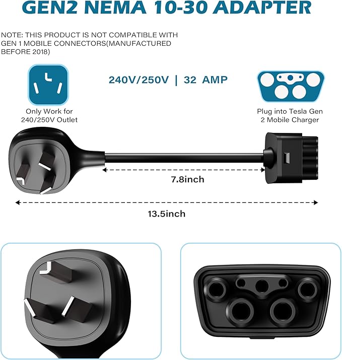 HiFind NEMA 10-30 Adapter for Tesla Gen 2 Mobile Charger 1 Ft, Connect Tesla Portable Charger to 10-30 Plug 240/250V Outlet 32 Amp Fast Charging for EV, Model S/3/X/Y, Safe & Durable, ETL, Black