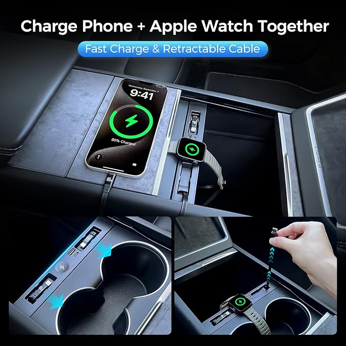 USB Hub for Tesla Model Y Juniper Accessories 2026 & Model 3 Highland 2025 Accessories, Hidden Console Phone Charger Hub Compatible with Apple Watch, Center Interior (2-Type C+Watch Charging)