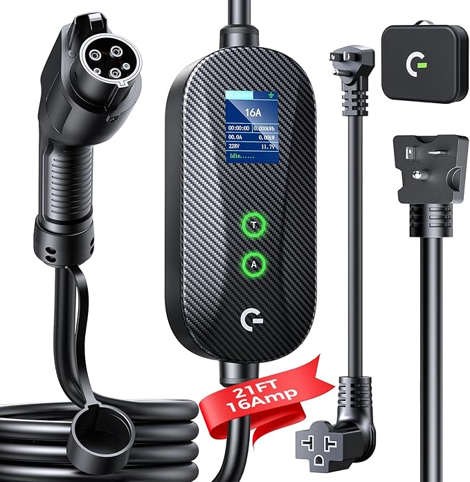 Level 1&2 Portable EV Charger, (16A/12A, 240V-110V), Adjustable Current/Timer J1772 Home Charger, NEMA 6-20 & 5-15 Plug, 21FT EV Charging Cable, J1772 Connector for SEA J1772 EVs/PHEVs