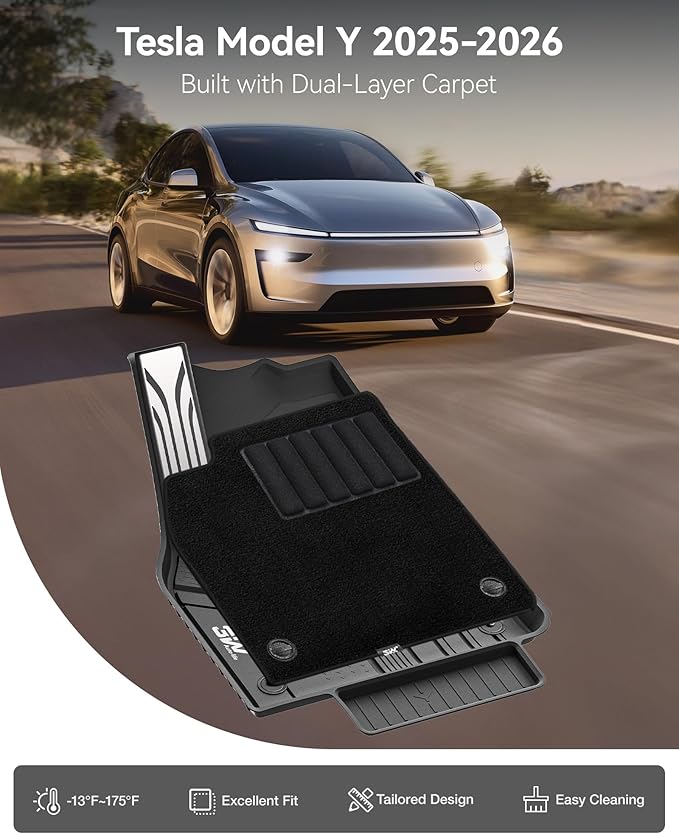 3W Tesla Model Y Juniper Floor Mats(not for Standard), Metal Pedal, Carpets Double Layer, 2025 2026 Model Y Acecessories, TPE All Weather Waterproof Custom Fit Liners, Vigormold™