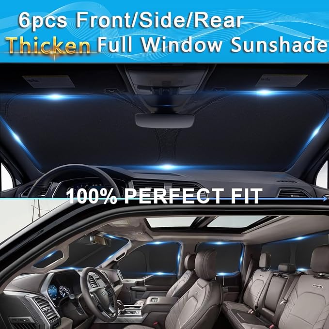 KMF 6pcs Thicken Car Sun Shades for Toyota Tacoma 2025 2024 2026 Accessories, Custom Fit Full Car Window Covers Sunshade for Windshield Side Rear, UV Block and Blackout Privacy for Camping Outdoor