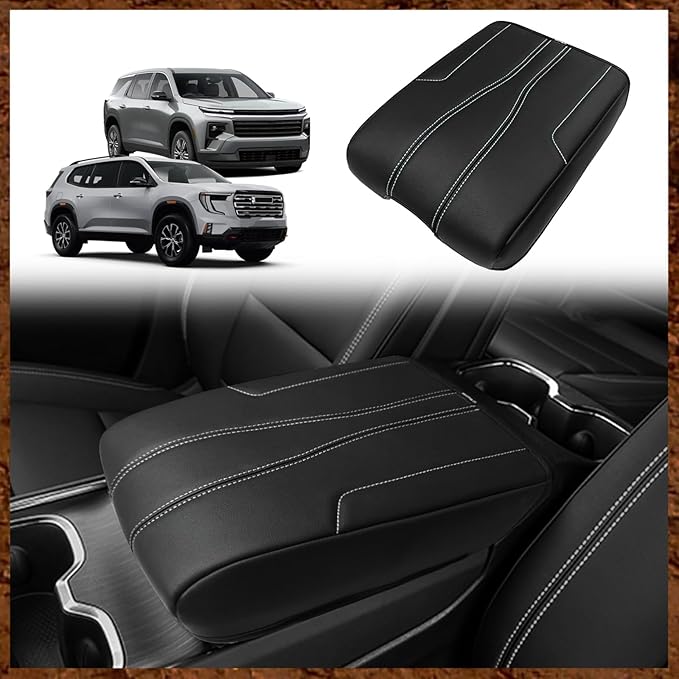 Muslogy Center Console Armrest Cover Fit for GMC Acadia & Chevy Traverse 2024-2026 Accessories, Comfort Armrest Pad Console Lid Cushion Protector Vegan Leather Regular Thick (Black/White Trim)