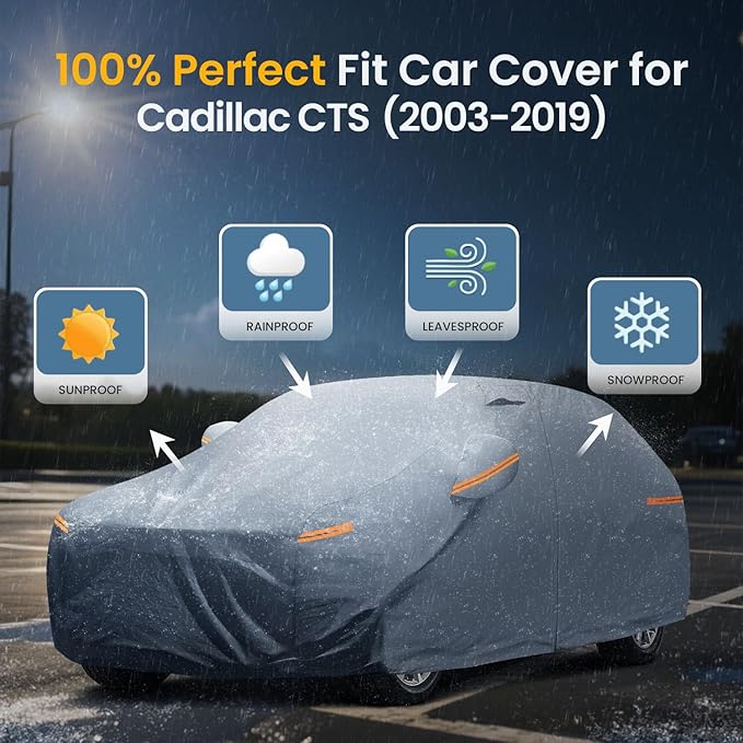 Waterproof Cadillac CTS/CTS-V(2003-2019) Car Cover with Breathable Vents, [2025 Upgrade] Premium Covers with Cotton Liner and Zipper Door,Sun Rain Snow Dust Uv Protection.(Gift with Towel)