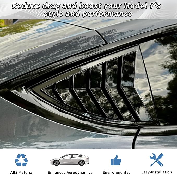 WildWell Rear Side Window Louver Cover for 2020-2026 Tesla Model Y & Model Y Juniper, Side Window Louver Air Vent Scoop Sunshade Covers Exterior Accessories Glossy Black