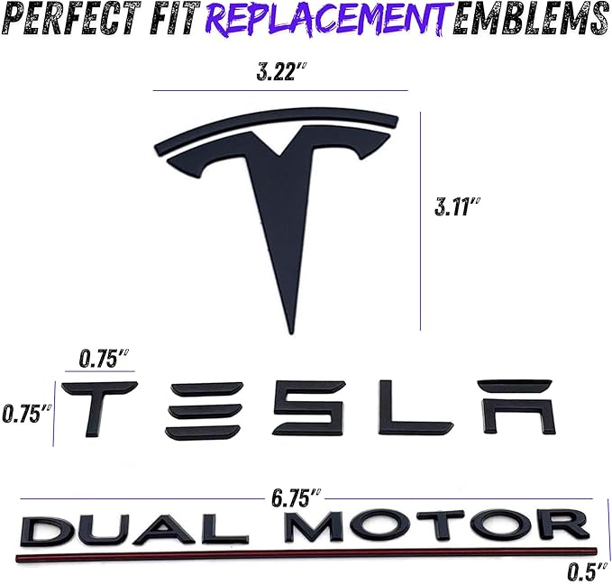 Metal Raised T Logo Tesla Letters Dual Motor Emblem Decal Sticker Matte Black Front Trunk Tailgate with 3M Adhesive for Tesla Model 3 Model Y Highland Juniper (Tesla Letters & T Logo & Dual Motor)