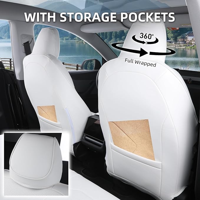 Tesla Model Y Seat Covers 2025 2026 Full Coverage Nappa Leather Car Seat Cover Interior Full Set Accessories Airbag Compatible Cushion Cover Custom Fit(White,5-Seater)