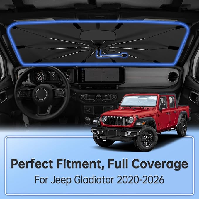 Windshield Sun Shade Umbrella for Jeep Gladiator 2020-2026, Foldable Sunshade for Car Front Window, 360 Rotation Automotive Interior UV Protection for Outdoor Parking, Keep Car Cool