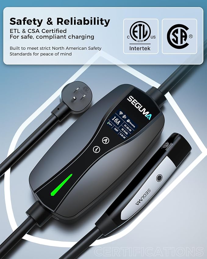SEGUMA NACS Charger for Tesla with APP, 6-16A ETL Certified Level 1/2 Portable EV Charger, 120V/240V Dual Voltage with NEMA 5-15 Plug & 6-20 Adapter, 25FT Cable, IP66 Waterproof, Home Outdoor Station