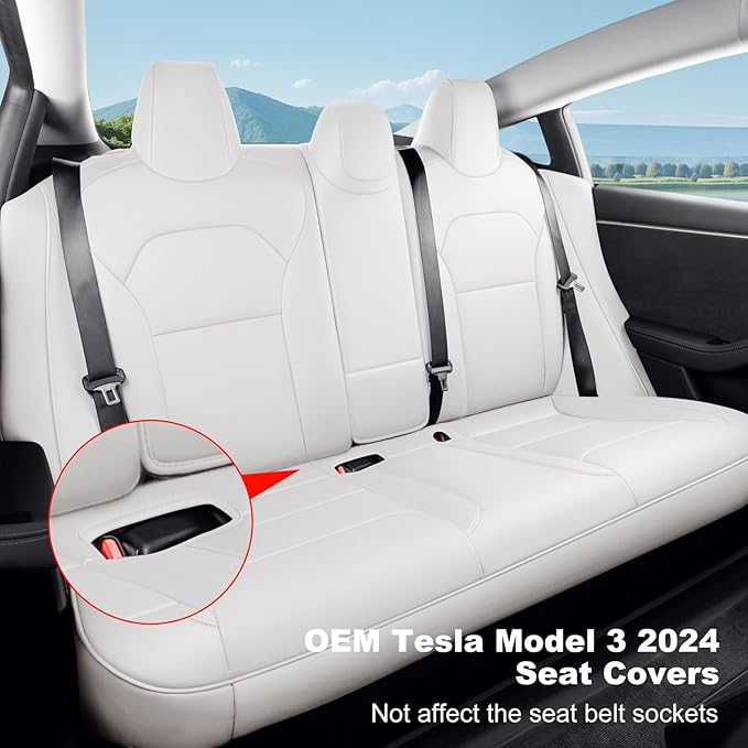 2024-2025 Tesla Model 3 Highland Upgraded Car Seat Covers Nappa Leather Car Interior Airbag Compatible Cushion Cover Full Set Custom Fit Model 3, Organosilicon White