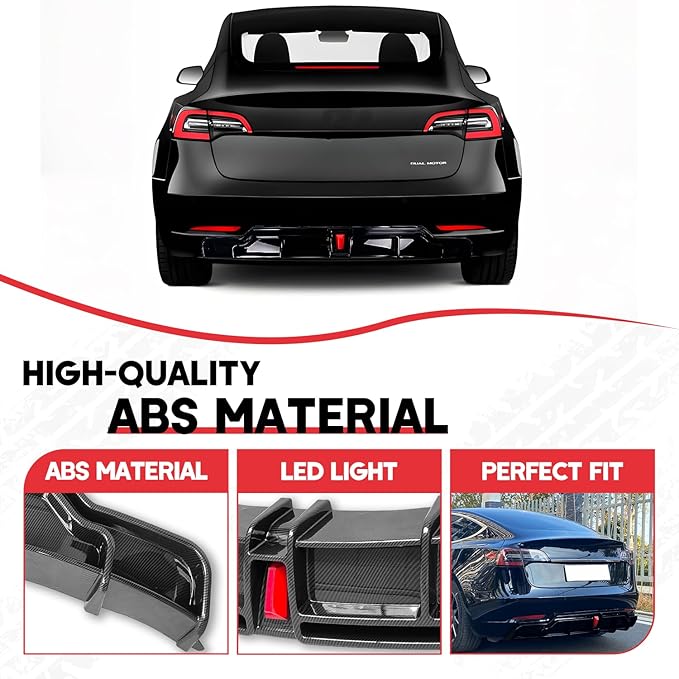 for 2017-2023 Tesla Model 3 Rear Diffuser w/LED Brake Light, Model 3 Rear Bumper Lip, Tesla Model 3 Diffuser Valance Panel Accessories (Carbon Fiber)