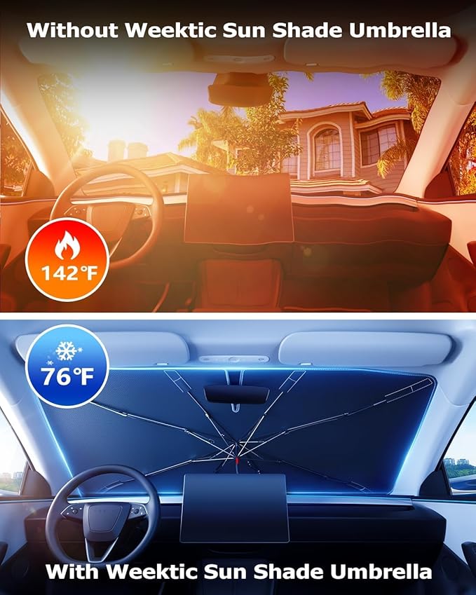 [2025 Upgrade] Weektic Windshield Sun Shade Umbrella for Car [Ultimate Cooling & Urethane Coated] Car Sun Shade Protect Interior from Sun Rays & Keep Cool Medium (57" L x 31" W)