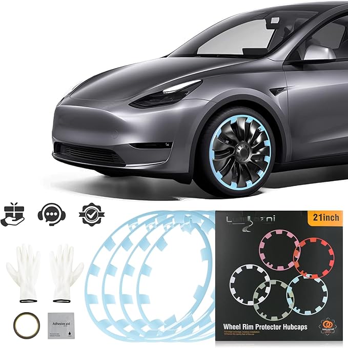 Wheel Rim Protect for Tesla Model Y 21" (2020-2024), Easy-Install Hubcaps Induction Wheel Cover, Scratch-Resistant Car Tire Trim Rings, Stylish Giftable, Glacier Blue 4Pcs Model Y Accessories