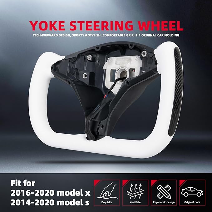 Yoke Steering Wheel, White Microfiber Smooth Leather with Side Glossy Carbon Fiber for Tesla Model X 2016-2020,For Tesla Model S 2014-2020 With Heating Function