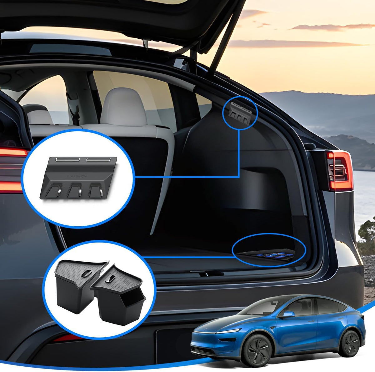 Tesla Model Y Juniper Trunk Organizer Set, 2 Trunk Storage Bins with TPE Lid + 2 Rear Trunk Organizer Hooks, Rear Trunk Side Storage Box for Model Y Juniper 2025 2026 Interior Accessories