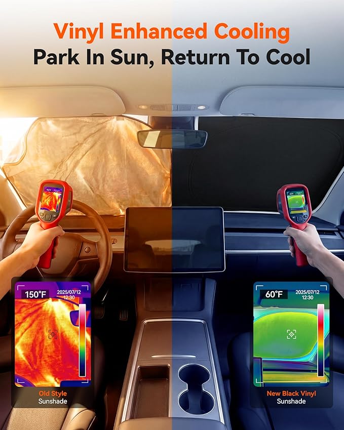 WOLFBOX Foldable Car Windshield Sun Shade Tesla Model Y/Model 3-Advanced Thickened Black Tape Sunshade Cover, Maximum UV Block & Sun Heat Protector Model Y Juniper/Model 3 Highland (56.30''L*37''W)