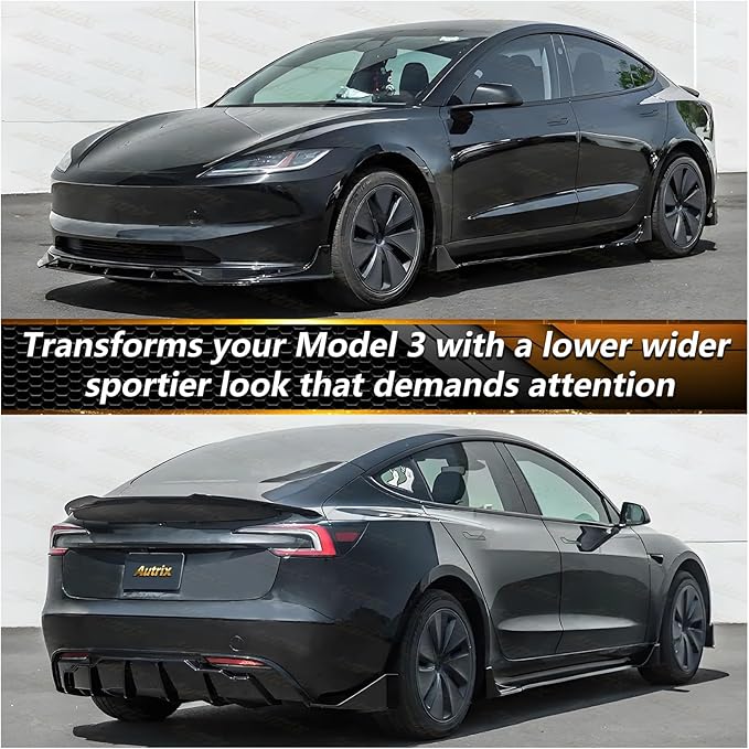 Full Body Kit for Tesla Model 3 Highland 2024-2026, Aero Package Front Lip, Rear Diffuser, Side Skirts, Rear Spoiler, Fog Light Trims Aggressive Performance Style Gloss Black