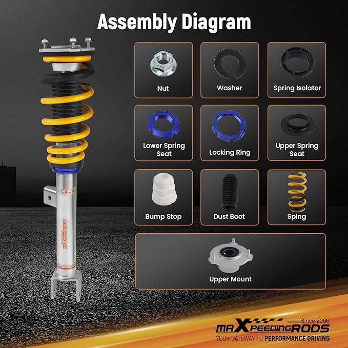 maXpeedingrods Coilover for Tesla model 3 2017-2025 RWD, 24 Levels Damping Adjustable Coilovers Suspension Kits, Height Adjustable Shock Absorber, Street Comfort C2 Upgraded Lowering Kits Gold