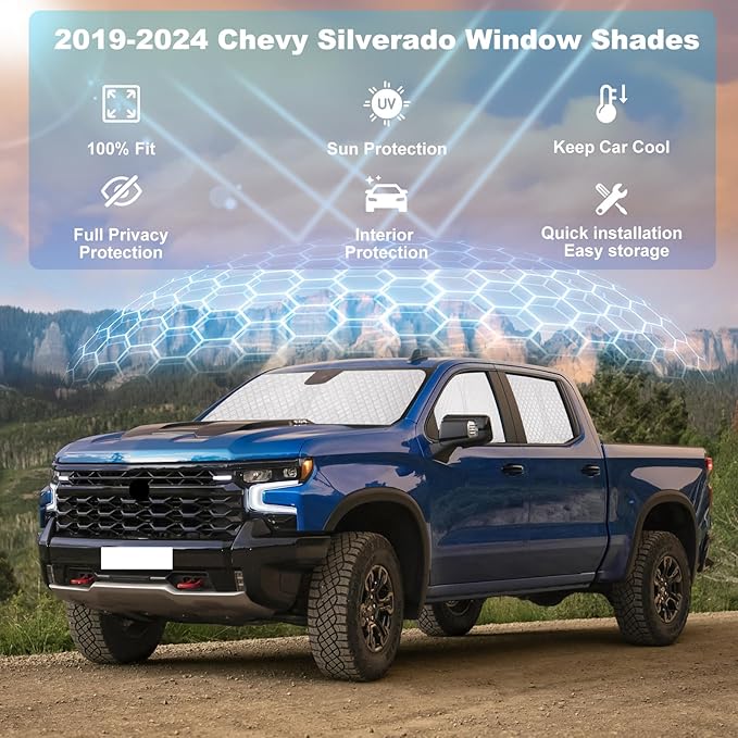 XCBYT Window Shades for 2019-2024 Silverado 1500 Crew Cab ONLY, Full Coverage 6-Layer Blackout Insulated Sun & UV Protection, Custom Fit Privacy Covers for Camping, Sleeping & Car Living (5 PCS)