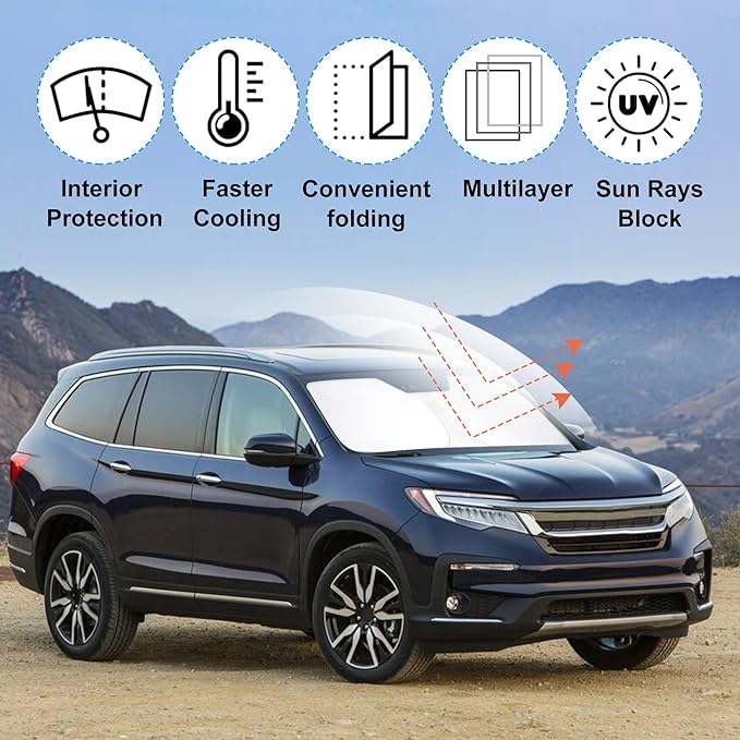 YYCKE Windshield Sun Shade Accessories Compatible with 2016-2025 Pilot EX-L Special Edition Elite Black Edition Touring for Honda Foldable Sunshade Sun Visor Blocks UV