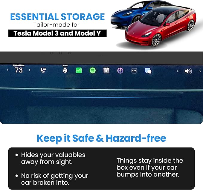 Hidden Under Screen Storage Box for Tesla Model 3 2019~2023 and 2024 and Earlier Model Y - Closeable Tesla Center Console Organizer - Perfect for Sunglasses, Mobile Phone and Key Cards
