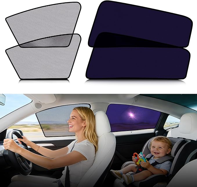 ZATOOTO Tesla Model Y Car Window Shades 4Pack | Clear for Safe Driving | Bluish-Purple for Passenger Comfort | UV Protection | Static Cling Side Window Sun Shade Blocker with Storage Bag | 2020-2024 |