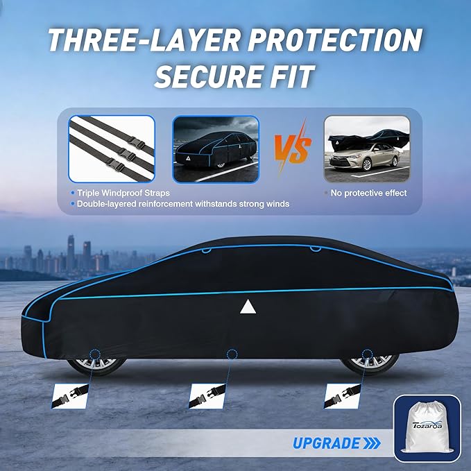 Hail Protector Car Cover for Sedan(Length:179-185inch) + Gift Windshield Sunshade, Multi-Layered EVA Hail Proof Car Cover, Padded Car Hail Protector Blanket for Corolla/Prius, Civic, Jetta, Forte etc.