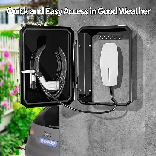 Wall-Mounted 1.2mm Cold Rolled Steel Electric Vehicle Charging Protection Box for Tesla, Waterproof Indoor/Outdoor Enclosure with Lock | Seamless One-Piece Design (Black)