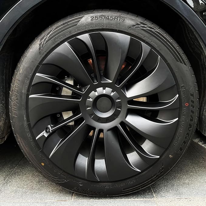 KAVANIC 4PCS Wheel Covers Fits for Model Y 19 inch Multi-Spoke Style, Matte Black ABS Hubcaps Fits for Tesla Y 19" Gemini Wheels 2020-2024, Long Range Support Logo Symmetry Design (RWD/AWD)