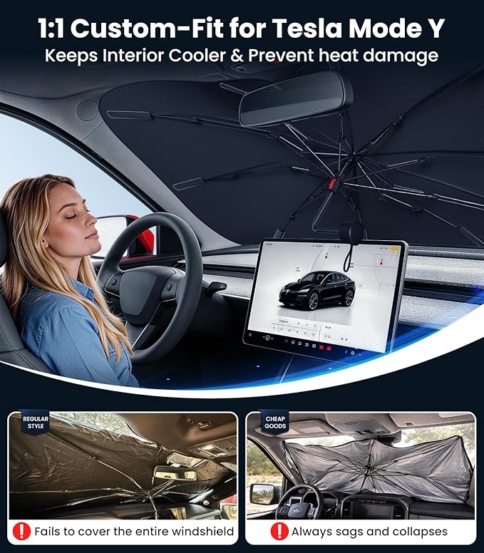 Zanch 2026 Upgraded Windshield Sun Shade Umbrella: Custom Fit for Tesla Model Y/3 2017-2026 Front Window Sunshade, Block UV Rays & Keep Car Cool, 1:1 Scan for Tesla Model Y/3, No Gaps & No Scratches.