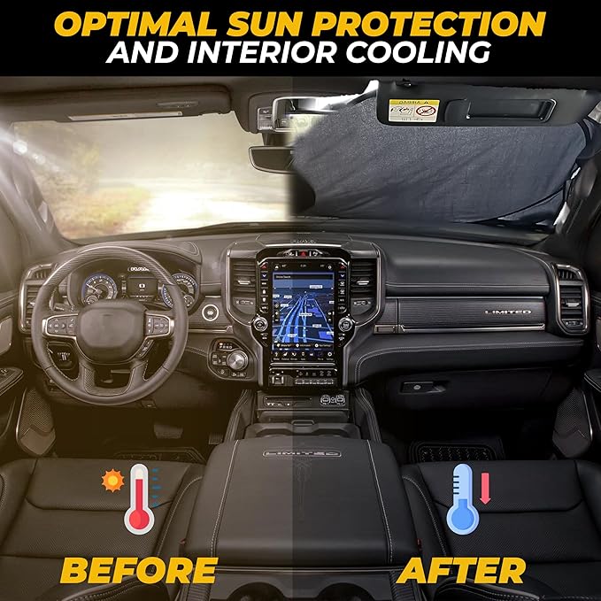X-Large Truck Windshield Sun Shade (69" x 35") - 240T Thickened Windshield Sun Shade for UV & 99% Heat Blocker - Keeps Your Vehicle Cool and Truck Interior Cooling Accessory for Summer Protection