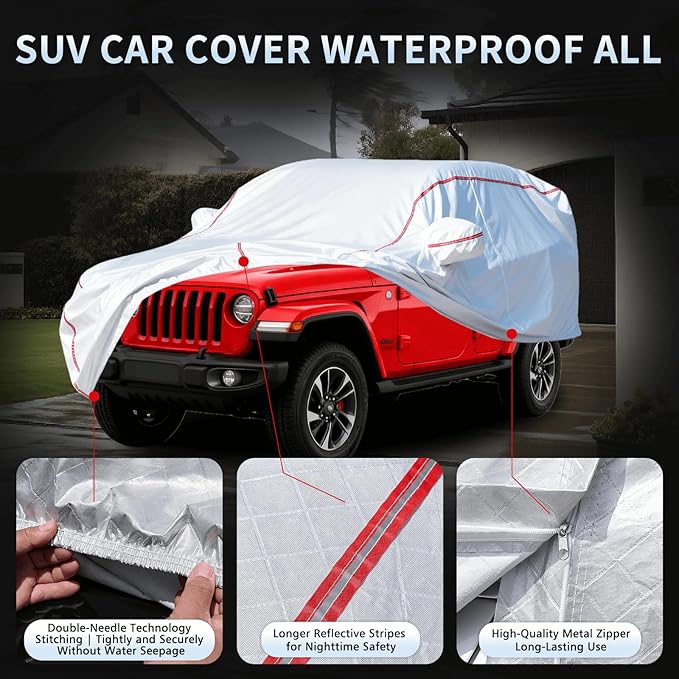 Car Cover Waterproof All Weather for Jeep Wrangler 4-Door 2006-2025,All-Around Fastening and 4 Upgrades, 60s Quick-Install for Car Cover
