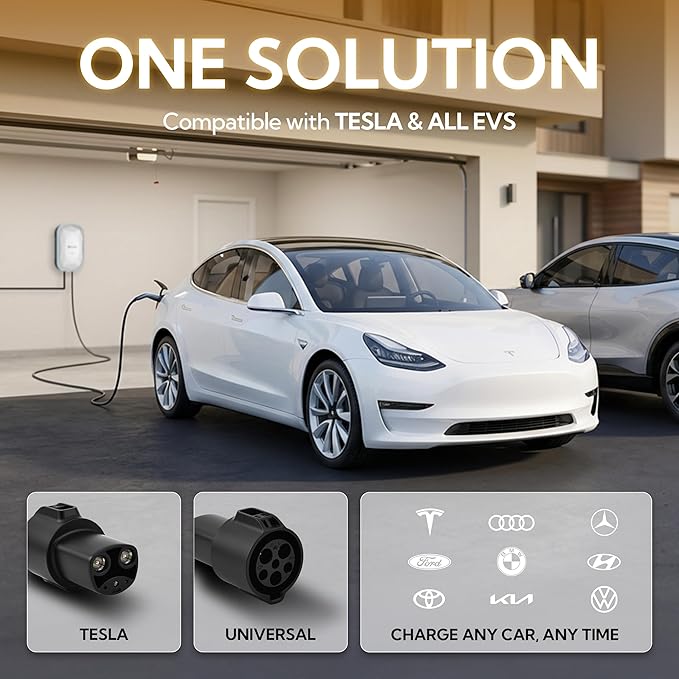 RIPPLEON Level 2 EV Charger - Dual Plug Type Universal Wall Connector Hardwired - Compatible for All North American EVs - 48Amps 240V Tesla Wall Charger, UL, FCC, Energy Star Certified Black