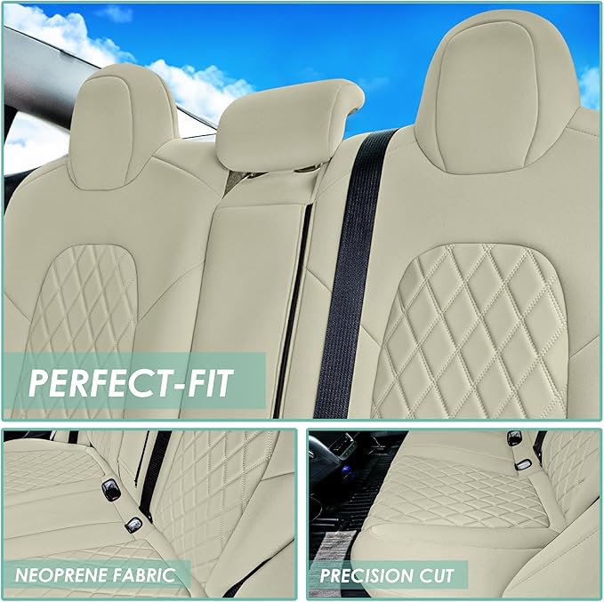 FH Group Custom Fit Car Seat Covers Specifically Made for 2017–2023 Tesla Model 3 Rear Set Solid Beige Ultraflex Neoprene Car Seat Covers, Waterproof Automotive Seat Covers, Tesla Accessories