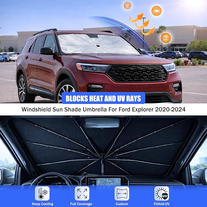 2026 Upgraded Car Windshield Sun Shade Umbrella - Custom-Fit for Ford Explorer 2020-2024 Umbrella Sunshade,Easy Install,UV Protection & Heat Reflective,Keep Interior Cooler with Storage Bag